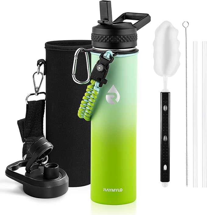 RAYMYLO Insulated Water Bottle 24oz, Triple Wall Vacuum Stainless Steel (Cold for 24Hrs, Hot for 12Hrs), Leak Proof & Non-BPA, 24oz Hydro Water Flask with Paracord Handle & Straw Spout Lids