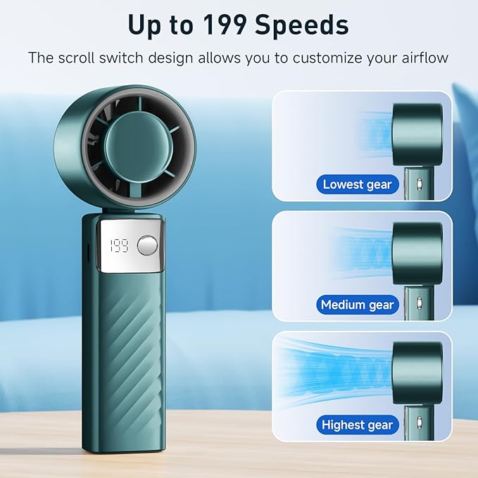 YOSHENMO Portable Handheld Turbo Fan - Foldable Mini Fan with Air Turbo Tech, 1-199 Speed Adjustment, 20H Runtime, LED Display, Battery-Powered for Indoor/Outdoor Use Dark Green