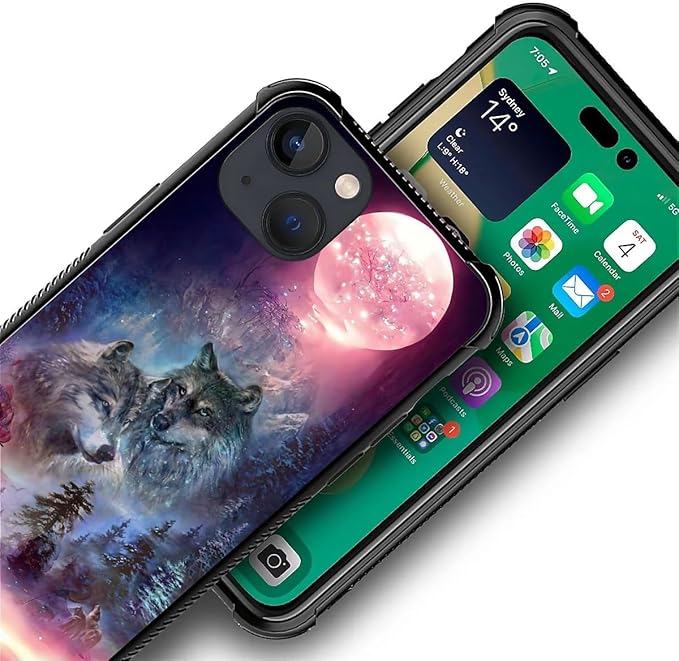 for iPhone 13 Mini Case, Star Two Wolfs Howling Pattern Graphic Design Girl Boy Soft Silicone Hard Acrylic Shock Protection for iPhone 13 Mini
