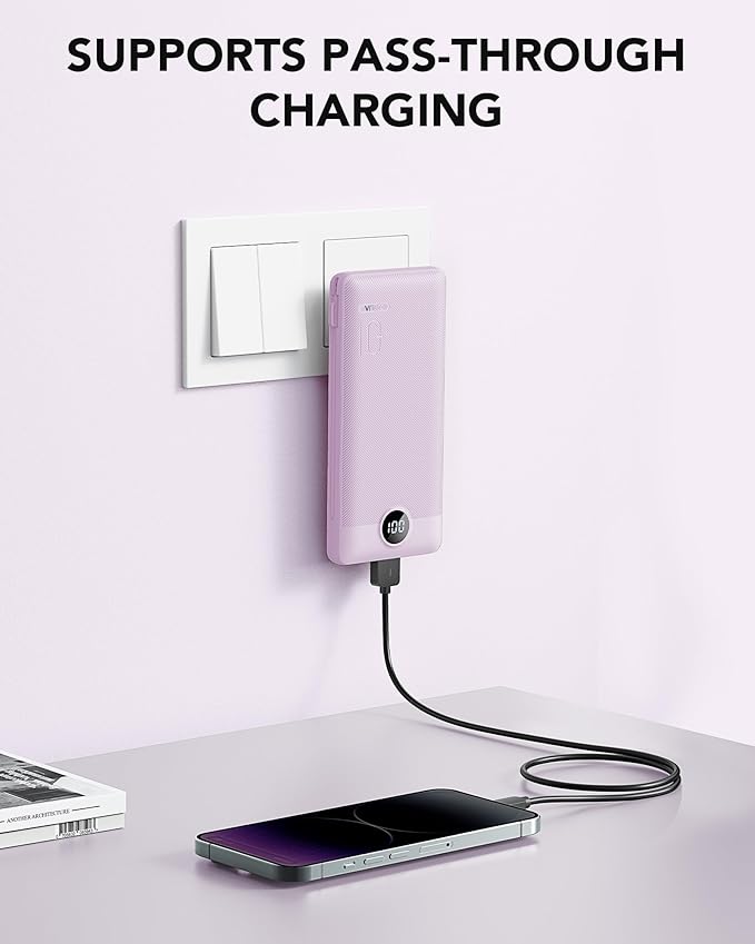 VRURC Portable Charger Built-in Cables and AC Wall Plug,USB C Power Bank 10000mAh, Travel Essentials Phone Charger Compact Lightweight External Battery Pack for Smart Phones, Tablets etc (Purple)