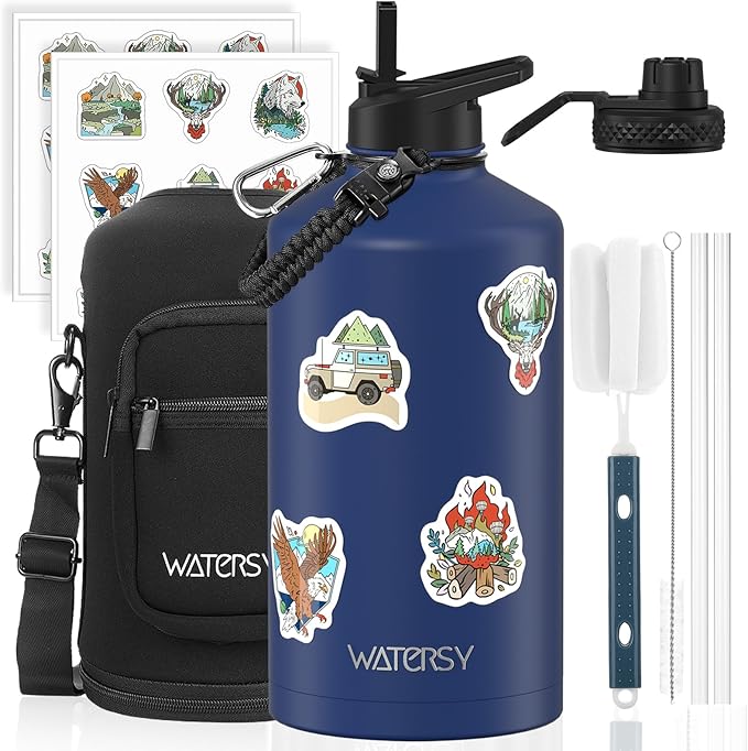 1 Gallon Water Bottle Insulated(Cold for 48 Hrs),BPA Free&Leak Proof,128oz Stainless Steel Water Jug,Large Water Bottle with Straw Spout Lids for Gym,Hiking,Camping&Travel,Deep Blue