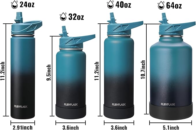 RUBYFLASK 24oz Insulated Water Bottle with Straw, Stainless Steel Metal Vacuum Water Flask, Large Thermal Water bottle with Leakproof 3 Lids for Travel, Camping, Gym Sports Armygreen