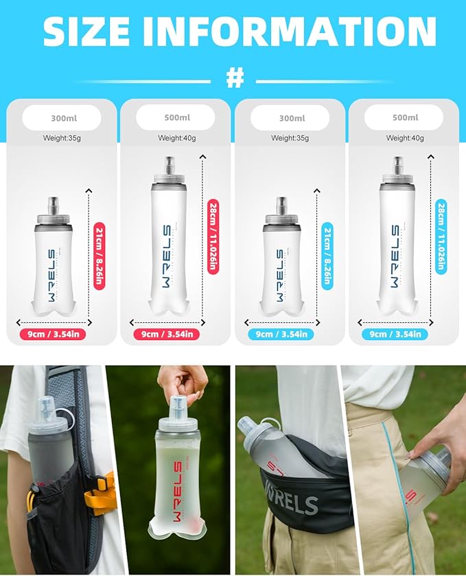 WRELS Running Collapsible Flask TPU Soft Water Bottle,Lightweight Hydration Running Portable Flask with Mouthpeice Cover