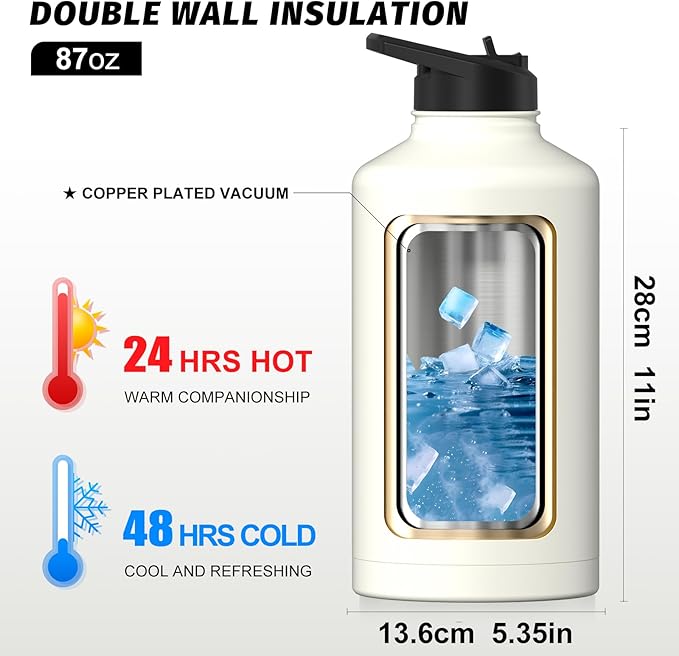 87oz Insulated Water Bottle (Cold for 48 Hrs),BPA Free&Leak Proof,1.5 Gallon Stainless Steel Water Flask,Water Jug with Straw Spout Lids for Gym,Hiking,Camping,White