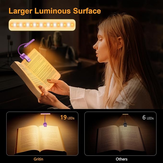 Gritin 19 LED Rechargeable Book Light for Reading in Bed with Memory Function- Eye Caring 3 Color Temperatures,Stepless Dimming Brightness,90 Hrs Runtime Clip on Light for Book Lovers-Dark Purple