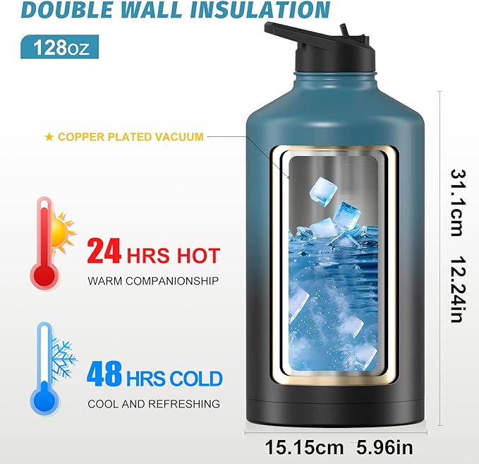 1 Gallon Water Bottle Insulated(Cold for 48 Hrs),BPA Free&Leak Proof,128oz Stainless Steel Water Jug,Large Water Bottle with Straw Spout Lids for Gym,Hiking,Camping&Travel,Black Blue