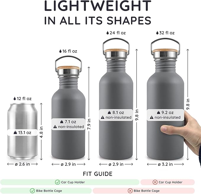 Bambaw 16 oz Water Bottle no Straw, Gray Single Wall Stainless Steel Water Bottle, Non-insulated Reusable Water Bottle BPA Free 16 oz, Small Water Bottle with Handle – Stormy Gray