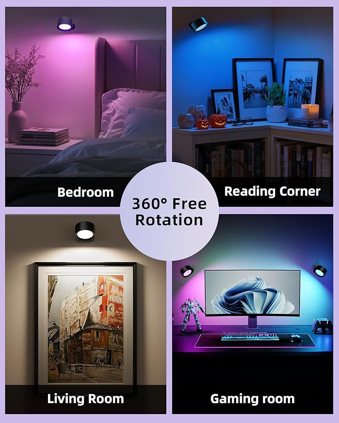 Wall Mounted Lights, 3 Pack Rechargeable RGB Color Changing Light, 3 Color Temps & Remote and Touch, 360° Rotation Dimmable Cordless for Study Bedroom Reading Bedside (Black)