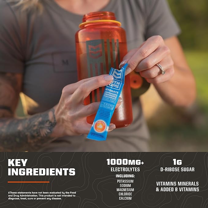 MTN OPS Hydrate Electrolytes Powder Drink Mix, 20 Single Serving On-The-Go Electrolyte Packs with Over 1000mg of Electrolytes per Serving, Strawberry Coconut