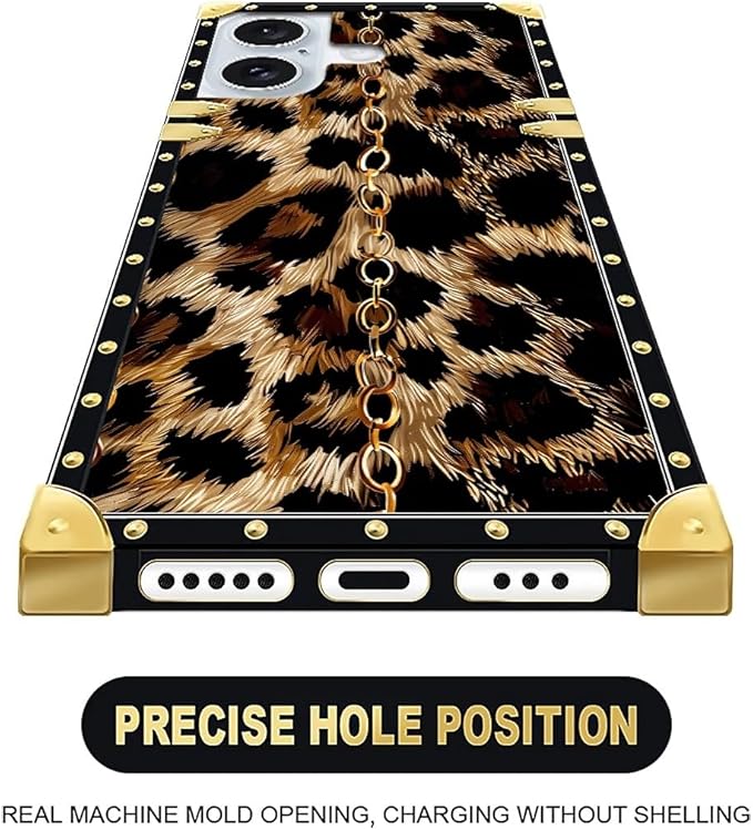 Compatible with iPhone 16 Plus Case, Seamless Gold Chain Leopard Luxury Golden Decoration for Girl Women Soft TPU Shockproof Protective Hard PC Back