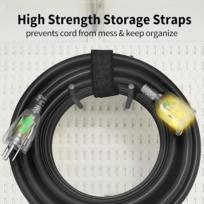 POWGRN 10 Ft 10AWG Black Outdoor Extension Cord Waterproof Heavy Duty 10 Gauge 3 Prong, Flexible Cold-Resistant Power Cord Indoor & Outside with Lighted Indicator End, 15Amp 1875W SJTW ETL Listed