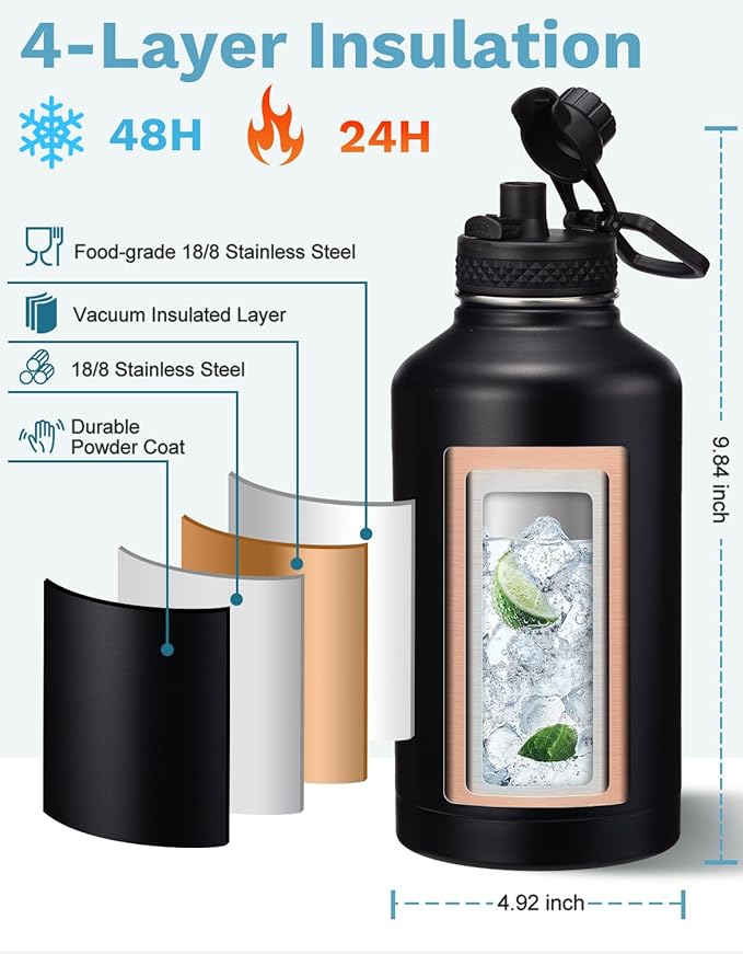 BENZZO 64/128 oz Water Bottles with Straw Auto Spout lid Keep Cold 48h,half gallon Water Jug Insulated with Carrier,Paracord Handle & Boot