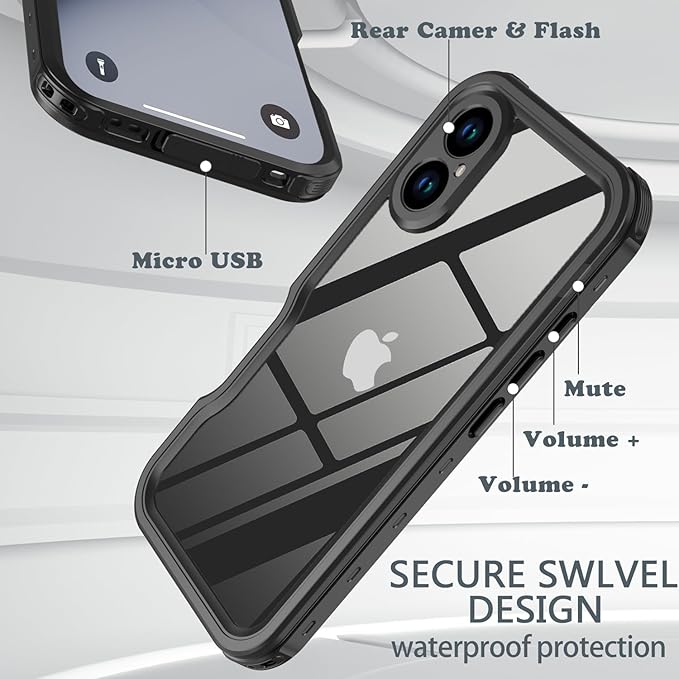 for iPhone 16 Case Waterproof, [Shockproof] [Dustproof] [IP68 Waterproof] Full-Body Hard Case Built-in [Lens Screen Protection] for Diving Case (Black, for iPhone 16 6.1in) | Waterproof, Shockproof, Dustproof, IP68 Waterproof, Full-Body, Hard Case