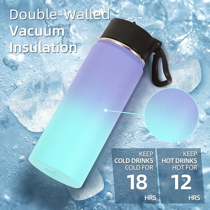 Volhoply 18oz Insulated Water Bottle Bulk 2 Pack,Kids Stainless Steel Water Bottles with Straw Lid,Double Wall Vacuum Metal Cups,Wide Mouth Reusable Sports Flask For Cold Drink(Purple Blue,2 Set)