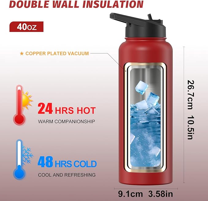40oz Insulated Water Bottle (Cold for 48 Hrs),BPA Free&Leak Proof,Stainless Steel Water Flask,Water Jug with Straw Spout Lids for Gym,Hiking,Travel,Red