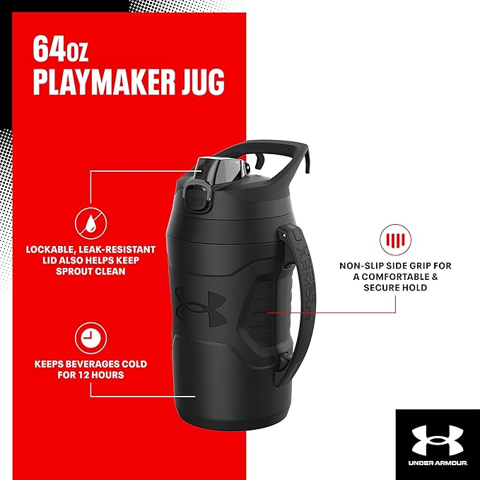 Under Armour Half Gallon Water Bottle Insulated, 64oz Insulated Water Bottle with Handle, Fence Hook, Leak Resistant, for Baseball, Football & More - Jet Grey/Black