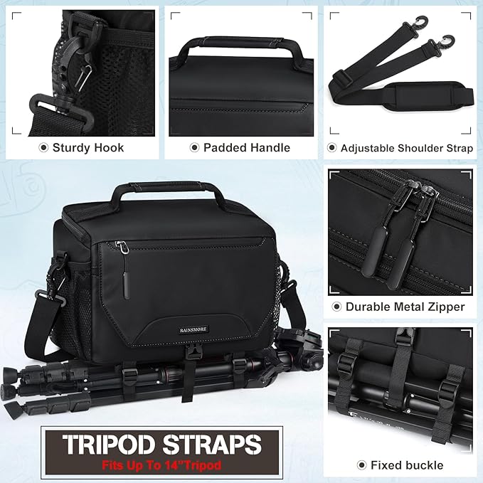 RAINSMORE Camera Bag, Small DSLR/SLR/Mirrorless Camera Sling Bag Waterproof Camera Case with Tripod Holder & Rain Cover Compact Crossbody Camera Bags for Photographers Everyday Shoulder Bags, Black