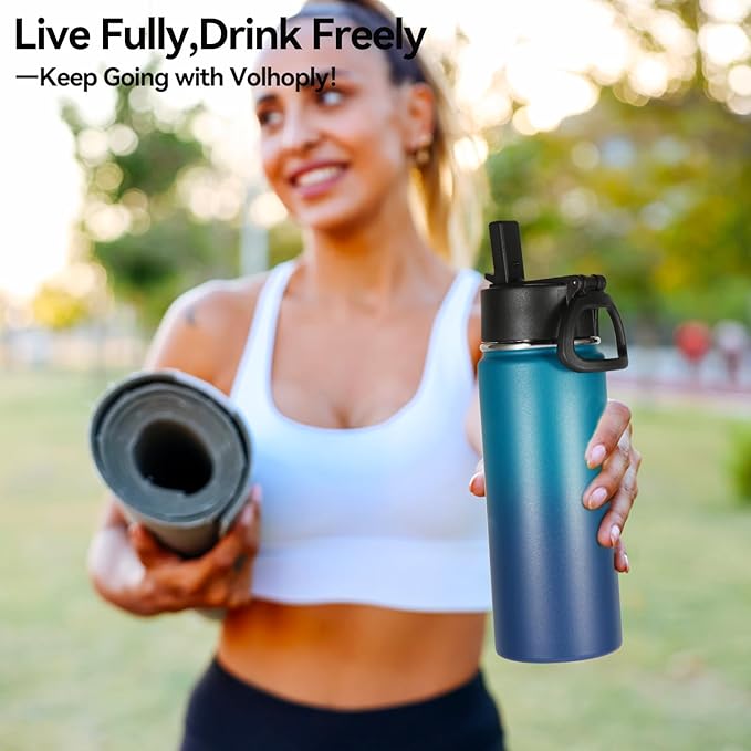 Volhoply 18oz Insulated Water Bottle Bulk 2 Pack,Kids Stainless Steel Water Bottles with Straw,Wide Mouth Reusable Metal Bottle,Double Wall Vacuum Sports Flask For Cold Drink(Assorted,2 Set)