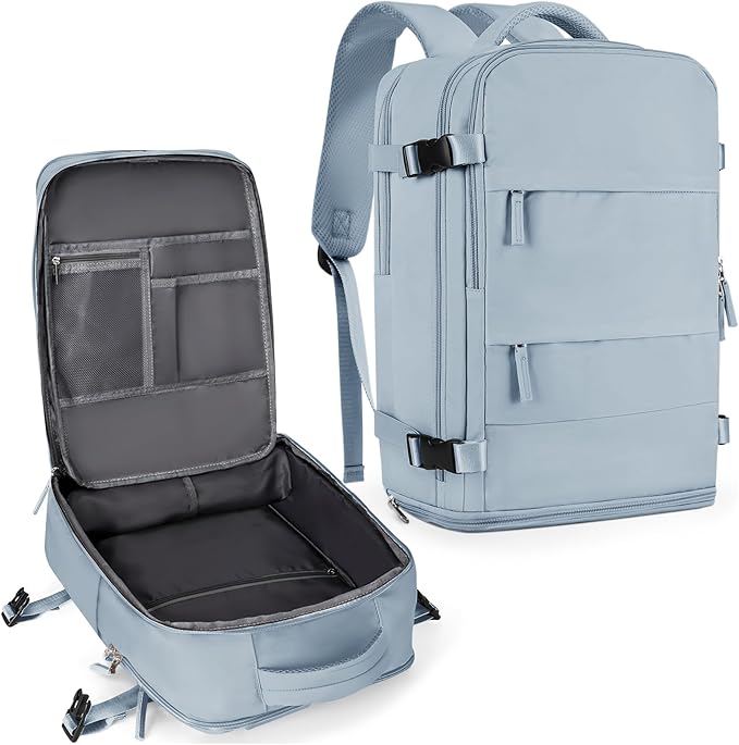 coowoz Large Travel Backpack For Women Men,Carry On Backpack Flight Approved,Hiking Backpack Waterproof Outdoor Rucksack Casual Daypack Fit 15.6 Inch Laptop Shoes Compartment,30L (Gray Blue)