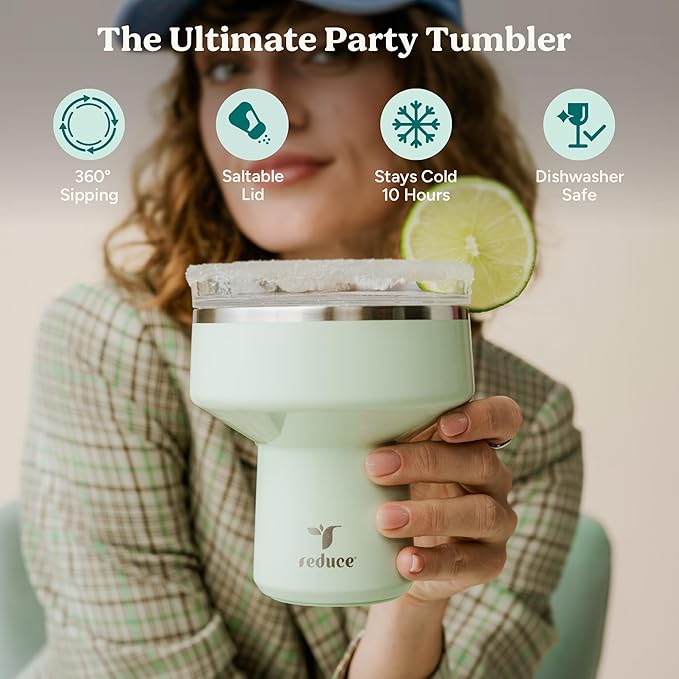 REDUCE Saltini 16 oz Cocktail Tumbler - Insulated Margarita Tumbler with Lid - Keeps Drinks Cold for 10 Hours - 360 Sippable Martini Glass Alternative - Shatterproof, Perfect for Parties - Daiquiri
