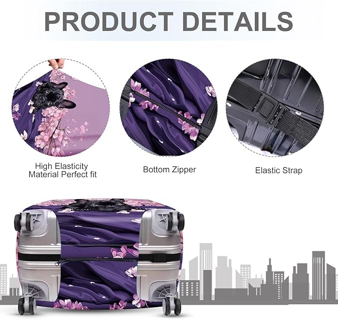 ANNA QUEEN French Bulldog Luggage Cover, Cute Black Dog with Pink Flowers Suitcase Protector, Stretchable Washable Travel Sleeve for 32-34 Inch Luggage