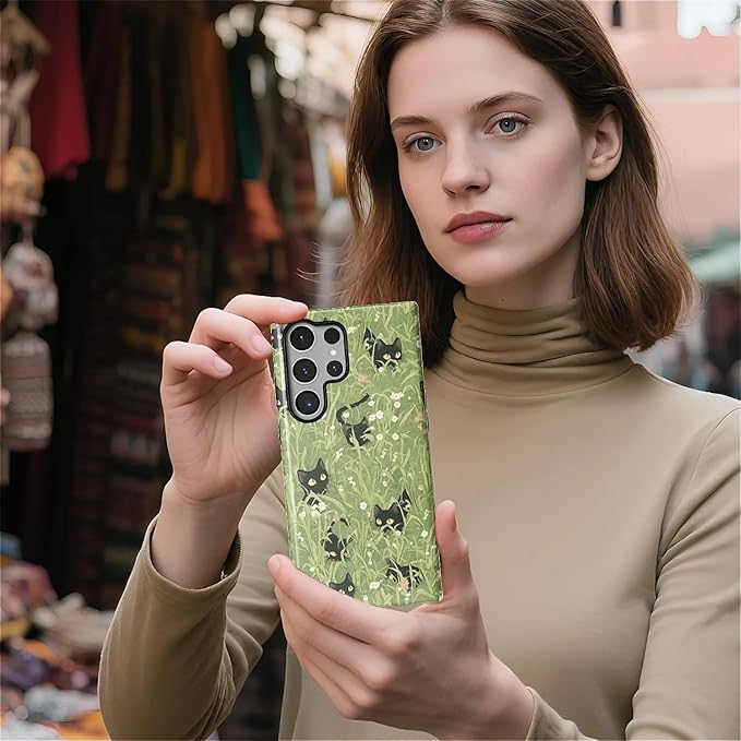 for Samsung Galaxy S24 Ultra Case,HL2 Grass Cat Hybrid 2 Layer Hard Shell Silicone Protective Pattern Design Case