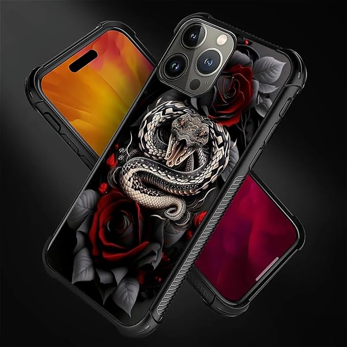 for iPhone 16 Pro Max Case, Entwined Rose Snake Pattern Graphic Design Girl Boy Soft Silicone Hard Acrylic Shock Protection for iPhone 16 Pro Max
