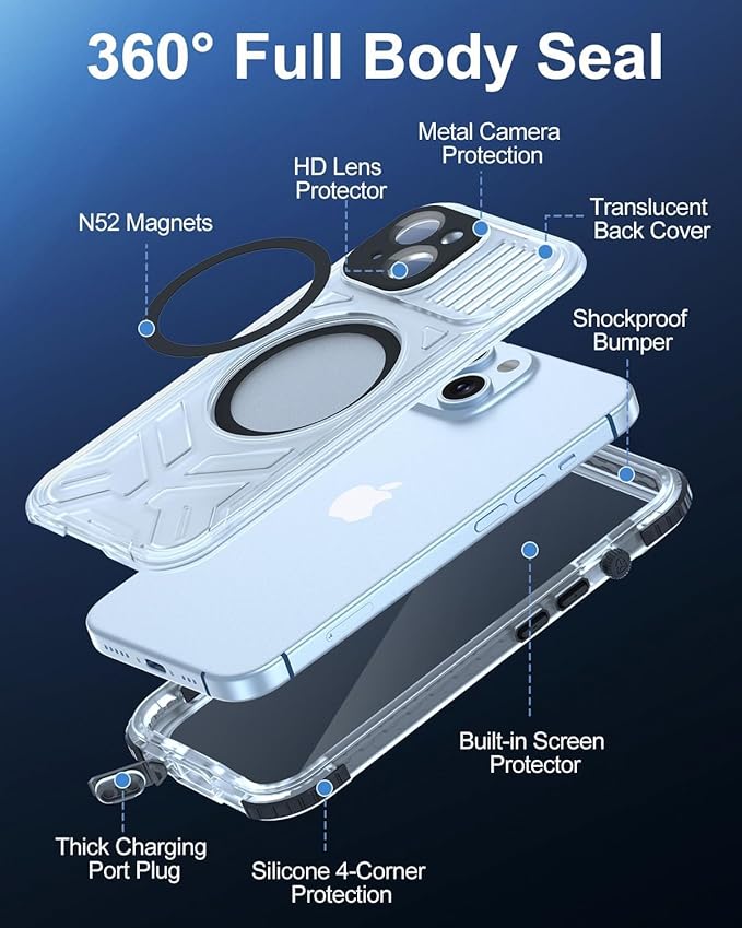 for iPhone 15 Waterproof Case with Magsafe, Built-in [Camera & Screen Protector] [Lanyard], IP68 Water Proof Full Body Dustproof Heavy Duty Frosted Protective Phone Cover, 6.1" Black