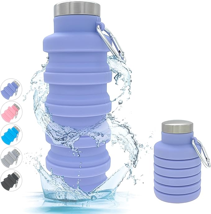 YCT Collapsible Water Bottle 17oz（500ml），Travel Portable Sport Water Bottle，Reusable Silicone Foldable Water Bottles for Gym Camping Hiking (Purple)