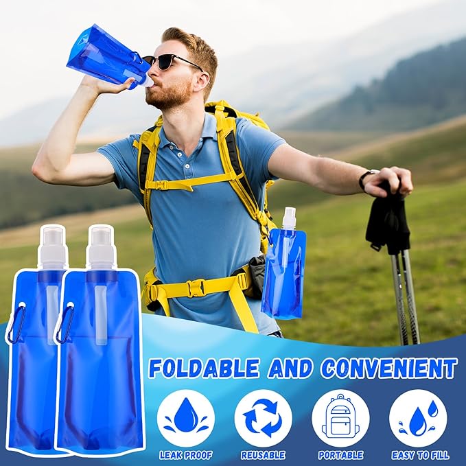 Teenyyou 48 Pack Collapsible Water Bottles Bulk 16oz Foldable Water Bottles with Carabiner Reusable Drinking Leak Proof Container Bags for Sport Biking Hiking Camping Travel Outdoor (Dark Blue)