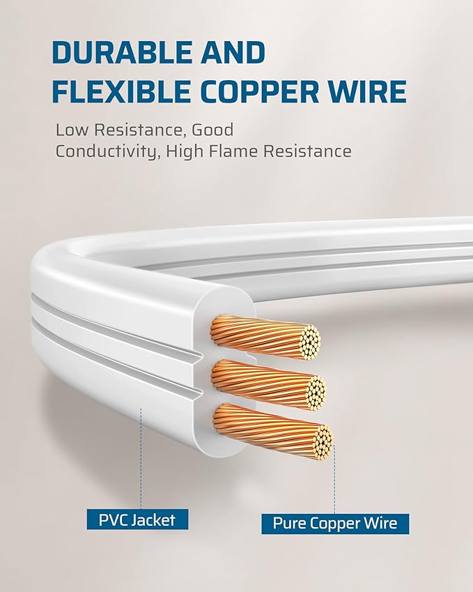 DEWENWILS 3 Outlet Extension Cord with Flat Plug, 25 FT 16/3 Awg Grounded Power Cable for Indoor Use, SPT-3 Cord, White, ETL Listed, 1 Pack