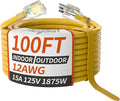 PlugSaf 100ft 12/3 Gauge Outdoor Extension Cord Waterproof with Lighted Indicator,12 Gauge SJTW Heavy Duty 15Amp 1875W,3 Prong Cords Flexible Yellow ETL Listed