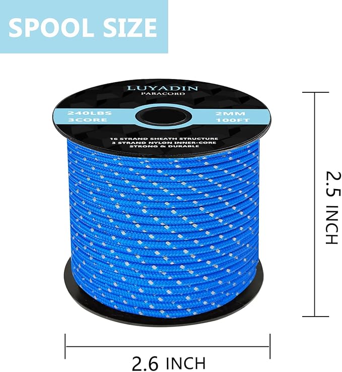 Reflective Paracord 240lb - Diameter 2mm Micro Utility Cord -3 Strand Parachute Spool Cord - 100ft 200ft,Paracord for Camping,Hiking,Fishing,Outdoor and DIY