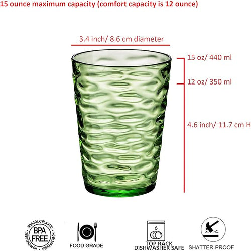 14-ounce Plastic Tumblers, Acrylic Drinking Glasses, set of 6 Green Reusable Plastic Cups, Stackable, BPA-Free, Shatter-Proof, Dishwasher-Safe