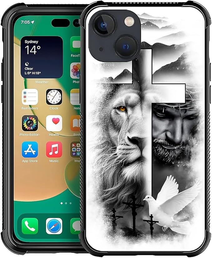 for iPhone 14 Plus Case, Lion Cross Jesus Christ Dove Pattern Made of Soft Silicone Hard Acrylic Shock Protection for iPhone 14 Plus