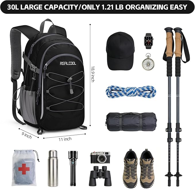 RealCool Hiking Backpack for Men Women,30L Lightweight Waterproof Travel Camping Backpack Hiking Daypack for Cycling Running,Black