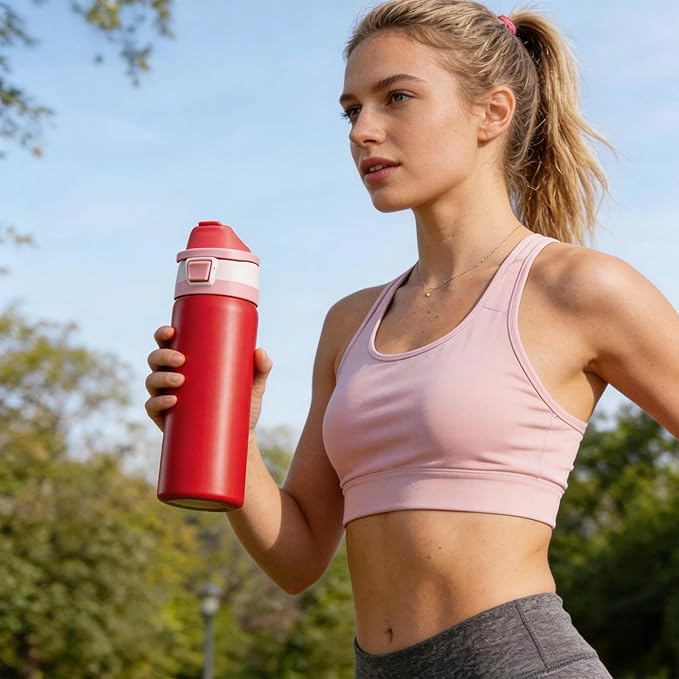 Fijinhom 32 oz Insulated Water Bottle with 2-in-1 Straw and Spout Lid, Stainless Steel Double Wall Vacuum Flask, Sports Water Bottle Keeps Cold 24H, Leak Proof for Gym, Outdoor, Travel (Red)