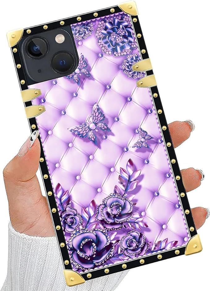 Compatible with iPhone 15 Case, Purple Butterfly Flowers Leaf Luxury Golden Decoration for Girl Women Soft TPU Shockproof Protective Hard PC Back for iPhone 15