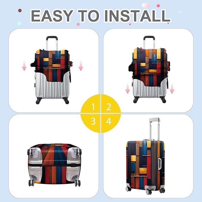 ANNA QUEEN Modern Geometric Wood Luggage Cover, Abstract Panel Suitcase Protector for 24-26 Inch Luggage