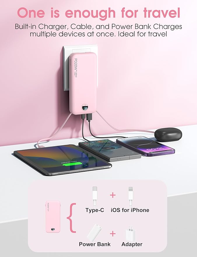 Portable Charger, 10000mAh PD20W Fast Charging Power Bank with Built-in Cables & Wall Plug, External Battery Pack with LED Display, Travel Essentials Battery Bank for iPhone, iPad, Samsung Fairy Pink