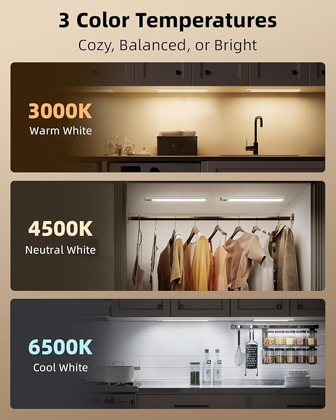 EZVALO 3-Pack Under Cabinet Lighting, 4000mAh Rechargeable Motion Sensor Light, 16inch Magnetic Closet Lights with Dimmable & 3 Color Temps, Wireless Motion Activated Lights with Remote for Kitchen