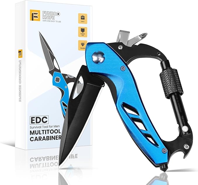 FUNBRO EDC Multitool Carabiner with Knife, Bottle Opener, Window Breaker and Screwdriver, Survival Knives Tools for Men Outdoor Camping (Blue)