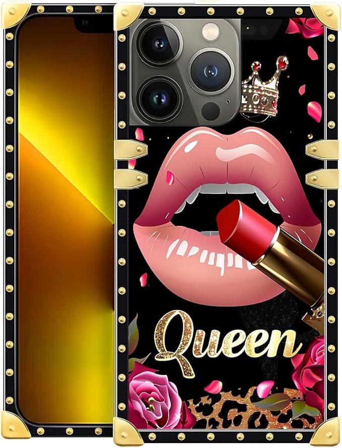 Compatible with iPhone 13 Pro Case, Glitter Red Rose Queen Leopard Lipstick Luxury Golden Decoration for Girl Women Soft TPU Shockproof Protective Hard PC Back for iPhone 13 Pro