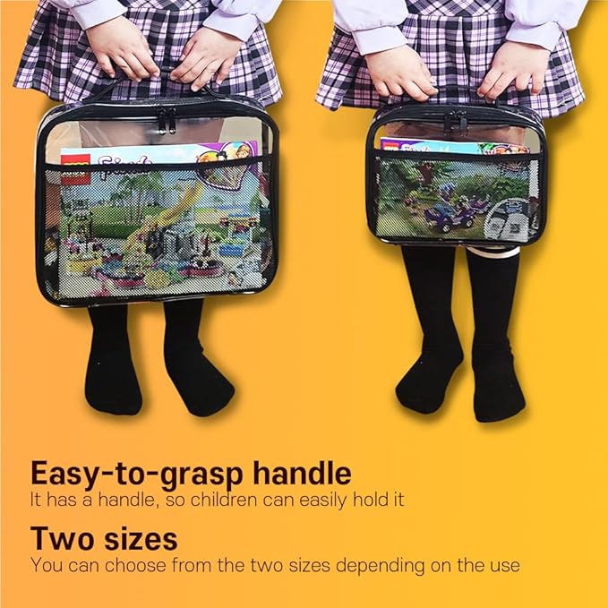 holay 4 Packs Large PVC Toy Storage Organizer with Zipper, Name Tag & Manual Pocket, Clear Durable Case for Blocks, Clay, Board Games, Travel (Black, Large)