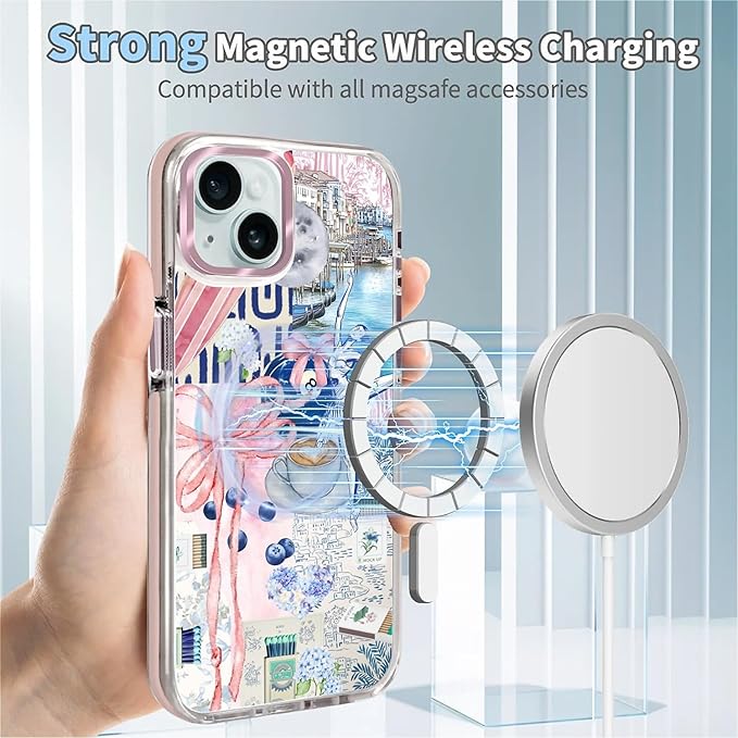 Case for iPhone 13/14,[Compatible with MagSafe],Pink Bow Girly Coquette Collage Phone Case Design，for Women Girls Magnetic Clear Cover - Slim, Sleek, & Shockproof Protection