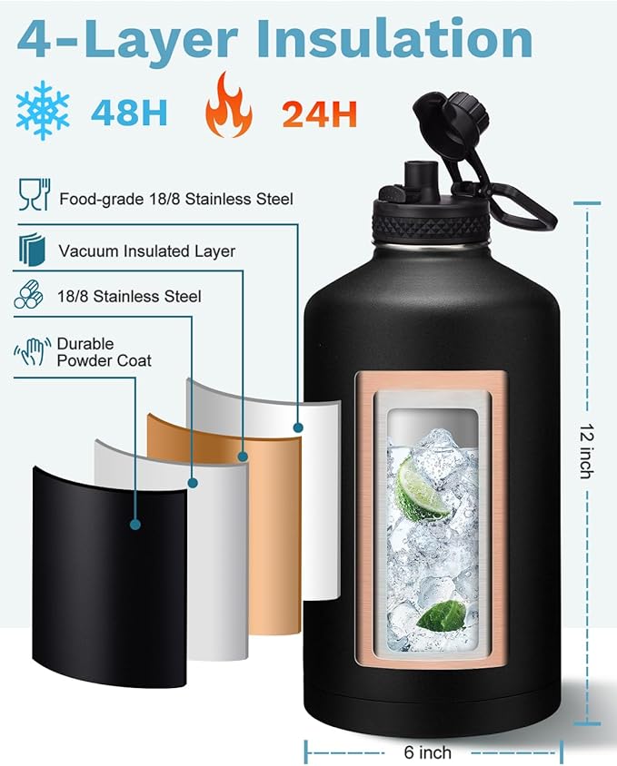 1 Gallon Insulated Water Jug with Straw - Auto Chug Lid, Bottle Carrier Bag, Paracord Handle, 128oz Stainless Steel Water Bottle Keep Hot 24H & Cold 48, Large Canteen Waters Bottles for Sports Work