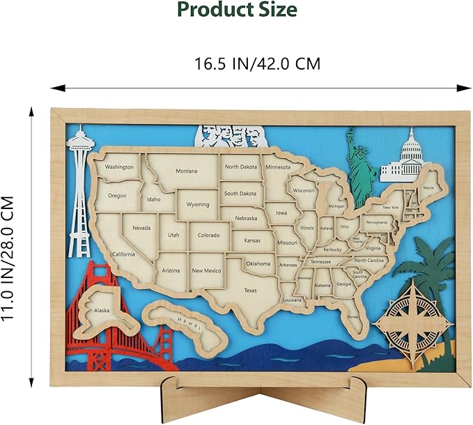 Wooden USA Landmark Travel Map, 16.5 x 11, 3-Layer Wood State Map Tracker Puzzle with Gift Box - Personalized Wall Art & RV Decor with Table Stand, Marker Pen & Adhesive Backing (Landmark, 16.5 x 11")