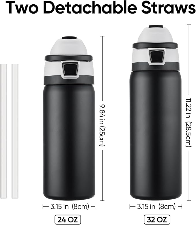 Fijinhom 32 oz Insulated Water Bottle with 2-in-1 Straw and Spout Lid, Stainless Steel Double Wall Vacuum Flask, Sports Water Bottle Keeps Cold 24H, Leak Proof for Gym, Outdoor, Travel (Black)