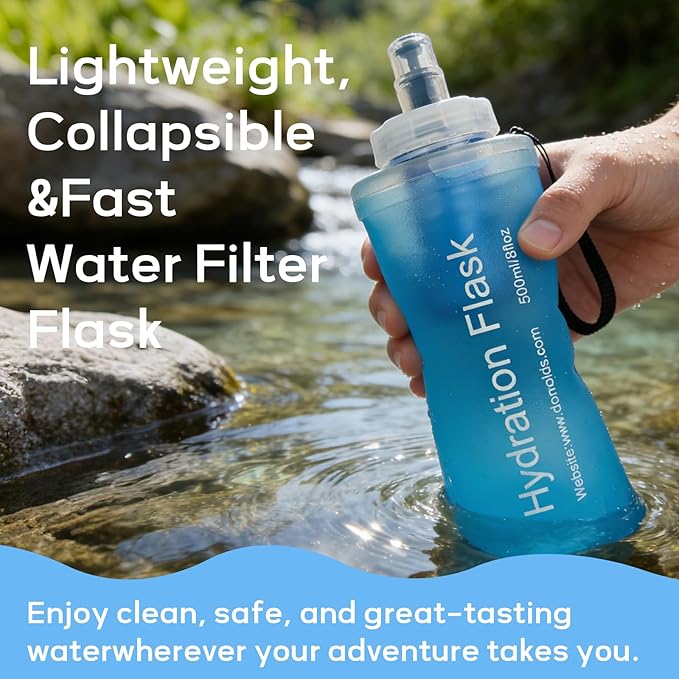 700ml Soft Flask Water Bottle, Collapsible Water Bottle with Filter, Perfect for Hiking, Backpacking, and Camping - Blue