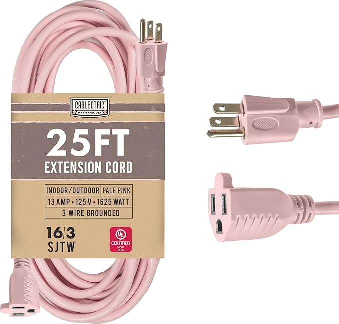 Outdoor Extension Cord 25 ft - 16 Gauge 13 Amp Heavy Duty Power Extension Cords - SJTW - Great for Small Appliances, Outdoor Lights, Garden Supplies - Pink